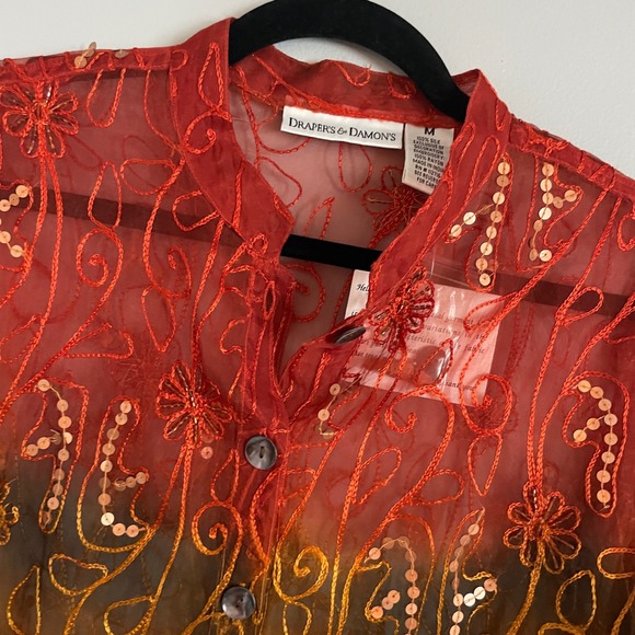 Draper'S & Damon'S Tops - Draper's & Damon's Silk Blouse Womens M Red Ombre Embroidered Sequin Boho Sheer